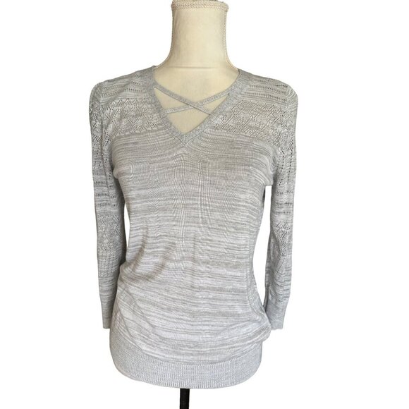 Lety & Me Light Gray Lace Knit Sweater V-Neck With Criss Cross & Crochet Accent - Picture 10 of 10